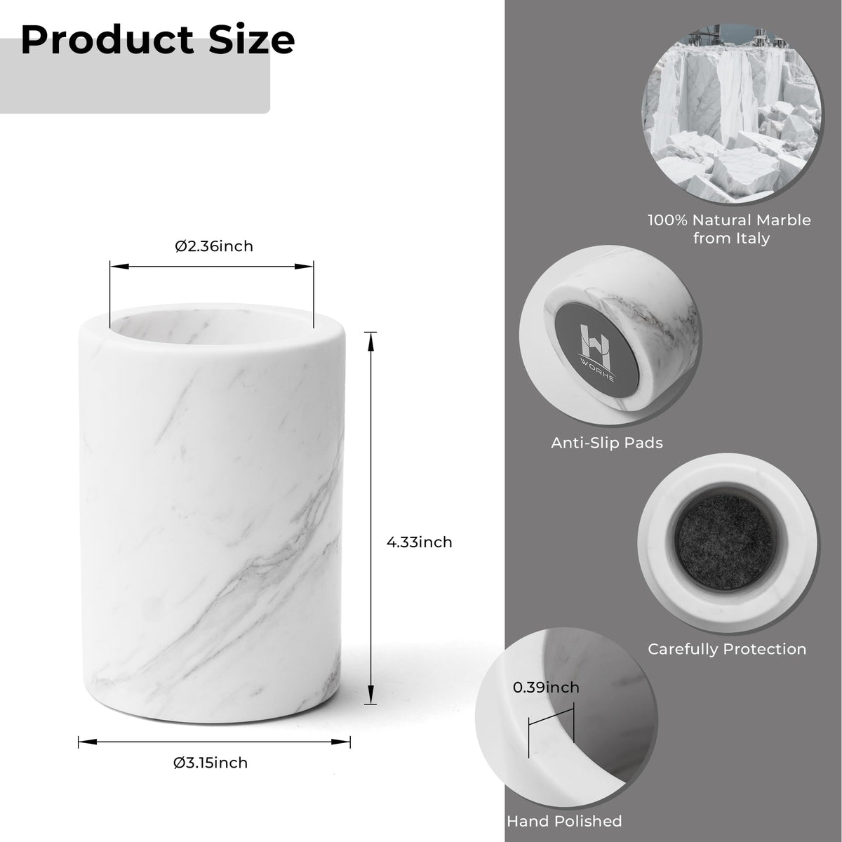 WORHE Natural Marble Pen Holder for Desk, Handcrafted Volakas Sturdy Desk Organizer for Office Supplies Storage Desktop Stationary Makeup Brushes Cup Pencil Holders for Home White (DL002)