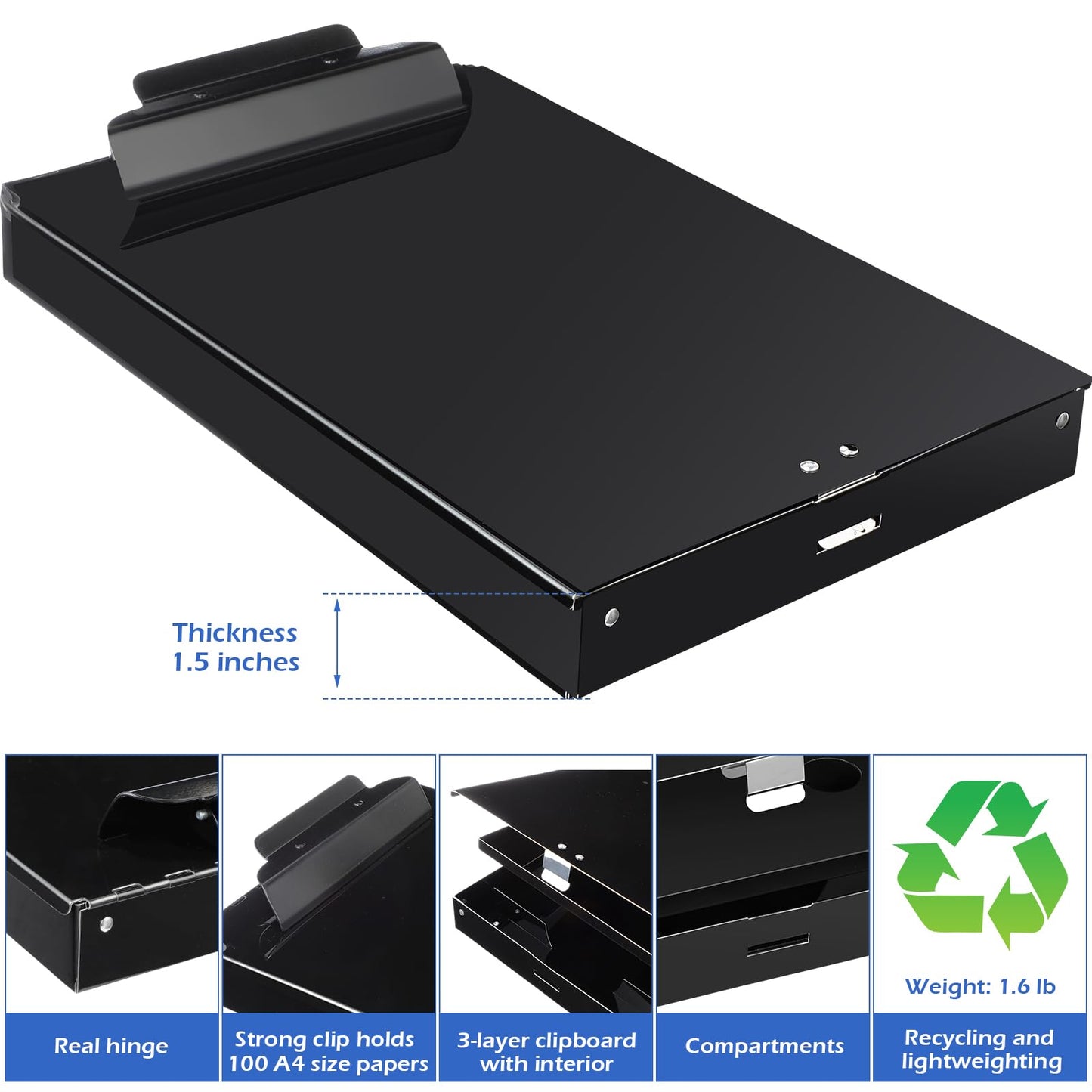 Janlaugh 1 Pieces Metal Storage Clipboard Letter Size Heavy Duty Aluminum Clip Board 14'' x 9.06'' x 2.95'' Contractor Clipboard Dual Storage Form Holder Paper Holder with High Capacity Clip