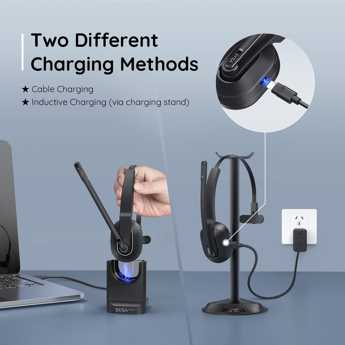 EKSA Bluetooth Headset, Wireless Headphones with AI-Powered Environmental Noise Cancelling Microphone (ENC) & Fast Charging Stand, Lightweight, 45Hrs On-Ear Headphone with USB Dongle for PC (Black)