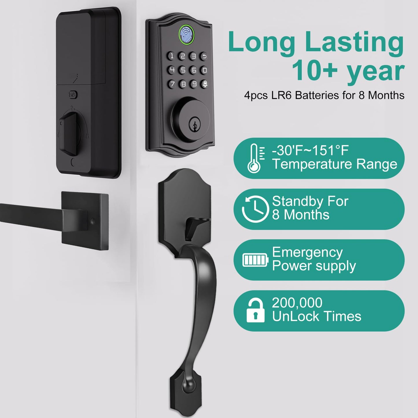REETOMETAL Smart Front Door Lockset, Keyless Entry Deadbolt with Handle, Fingerprint/App/Code/Key Unlock, Anti-Peeping Keypad, Auto-Lock, Easy Install
