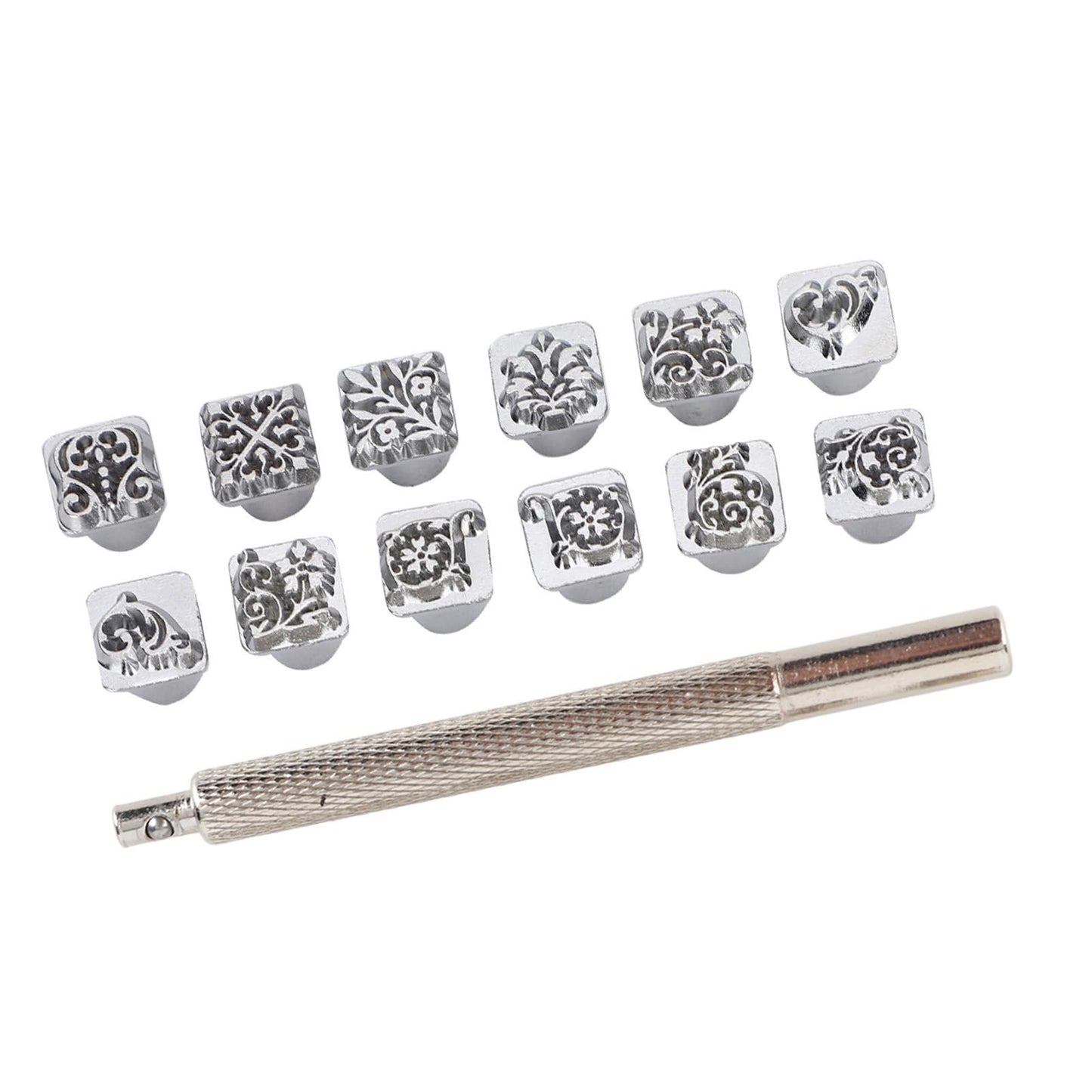 12PCS Leather Stamping Tools, 12 Patterns Zinc Alloy Leather Craft Stamps Punch Set Tool, Flower Design Leather Stamper for Leather Craft DIY Jewelry Marking