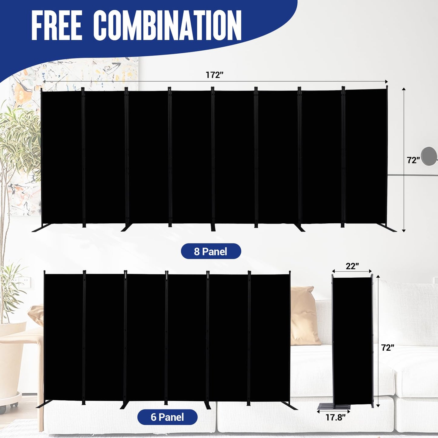 Room Divider and Folding Privacy Screens 8 Panel, 14.67 Ft Wide Partition Room Dividers, Portable Room Divider Panel for Room Separtition, Large Wall Dividers for Room, Office, School,Studio Black