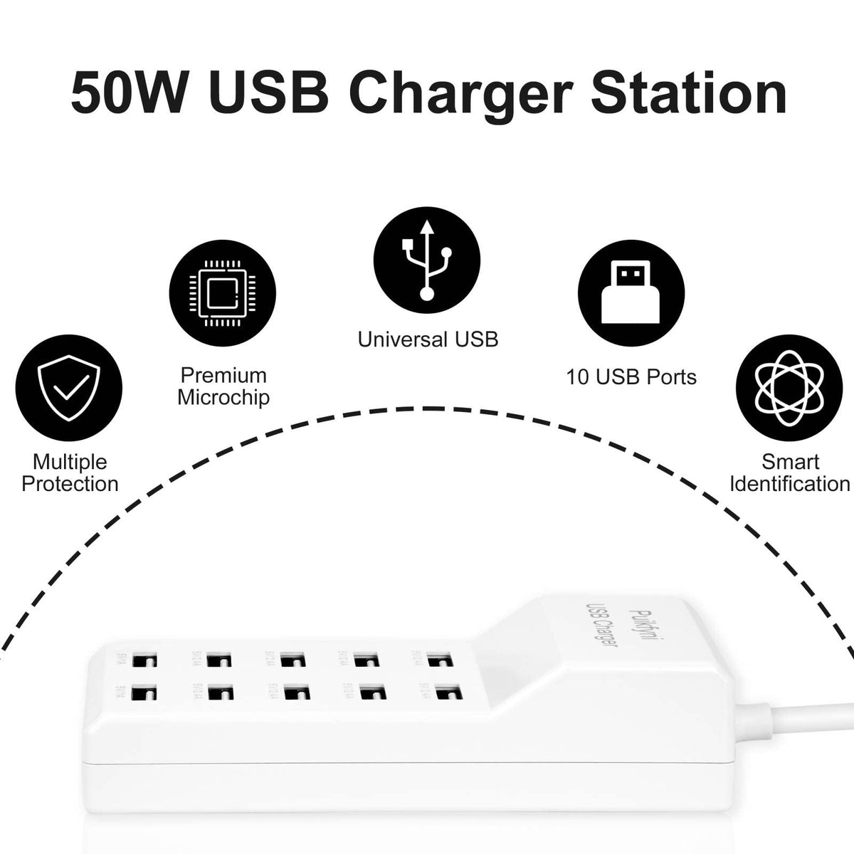 10-A Port USB Charger Station, smart Multiple Charging Block/USB Power Strip for Multiple Devices,Mobile Phones and iPads,Smart Watches Tablets (White)