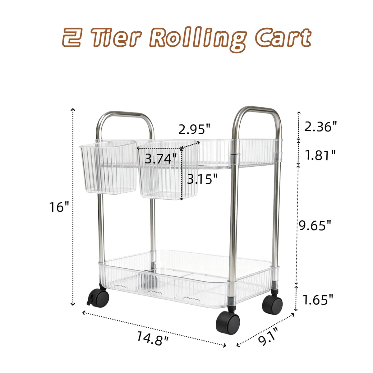 Ufriandz 2 Tier Utility Rolling Cart with Wheels Sofa Side Table Small Under Desk Storage Organizer, Clear Acrylic Plastic Mobile Trolley Organization Storage Cart for Kitchen Pantry Bathroom Vanity