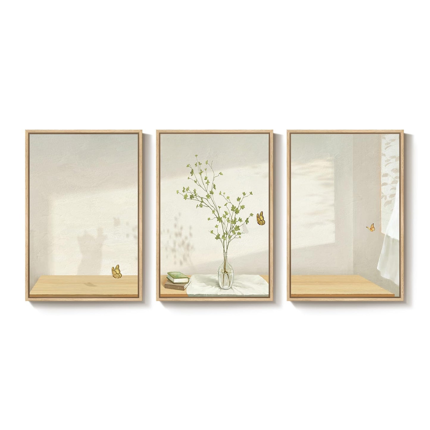 Framed Botanical Neutral 3 Piece Wall Art for Living Room, Minimalist Butterfly Sunshine Canvas Artwork for Walls, Peaceful Sill Life Illustration Print Bedroom Dining Room Office Wall Decor, 16x24 In