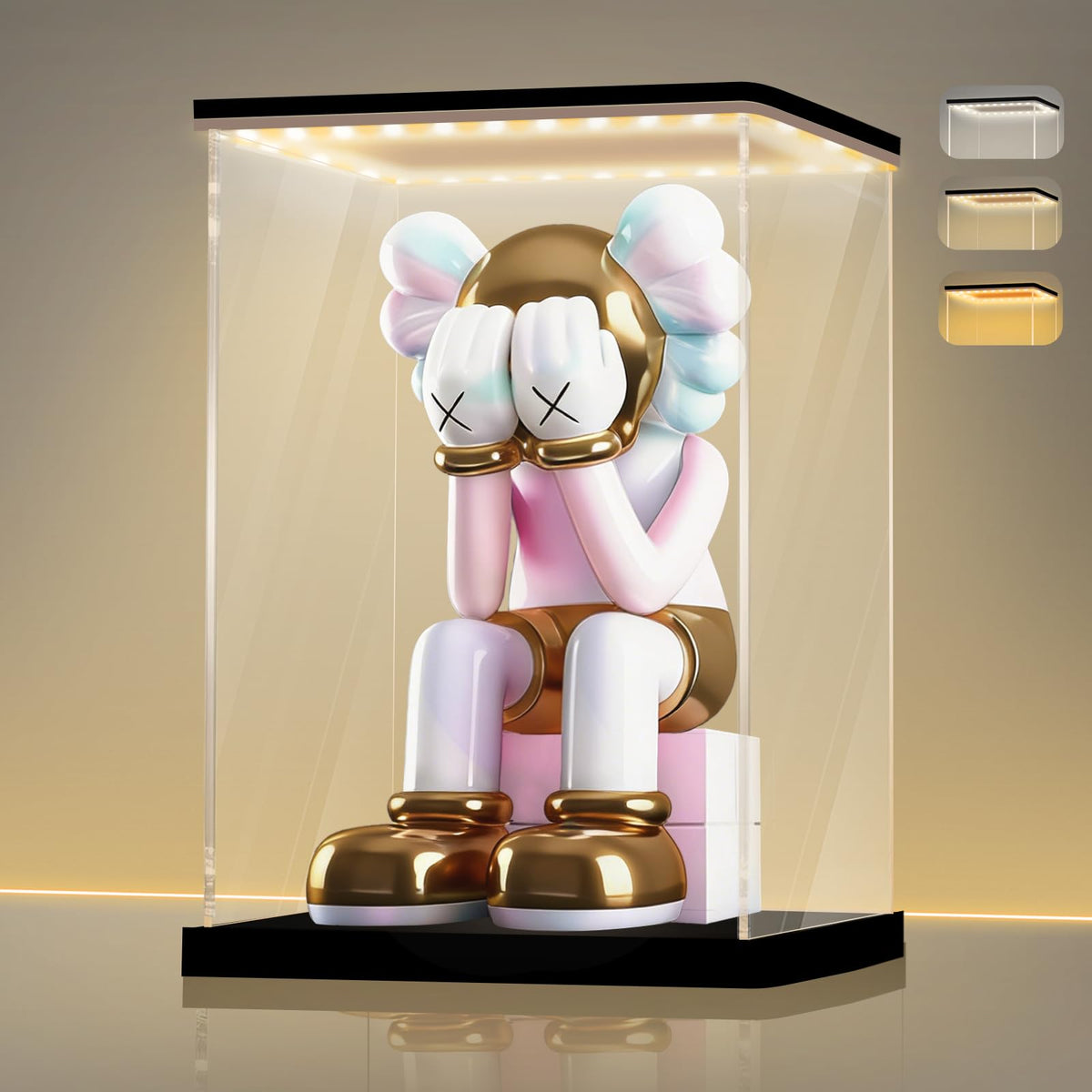 LANSCOERY Acrylic Display Case with Light, 9.8x9.8x13.8 in LED Display Case with 15mm Raised Base, 3mm Clear Panels, 3-Color Dimmable Lighting for Collectibles and Action Figures