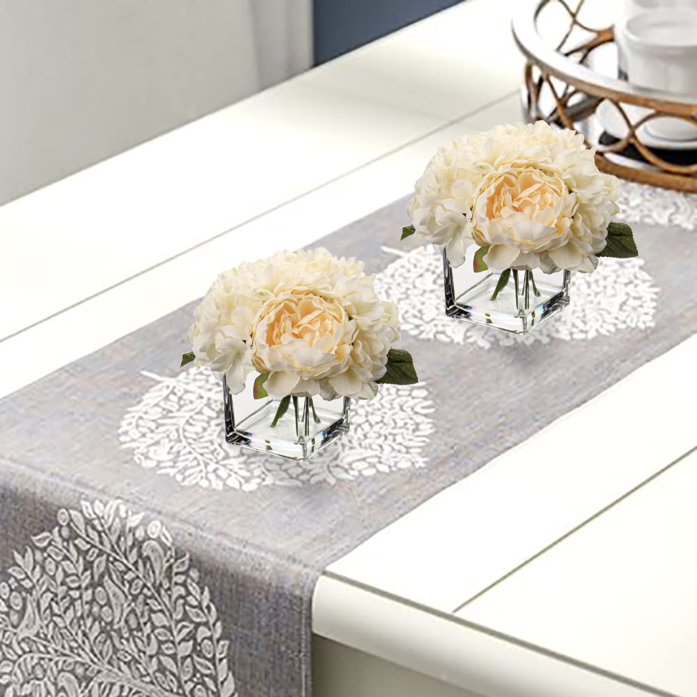 Cream Fake Flowers with Vase Hydrangea Artificial Flowers in Vase Peony Faux Flowers in Vase Rose Silk Flowers Peonies Floral Arrangements Artificial with Vase for Home Office Table Shelf Decoration