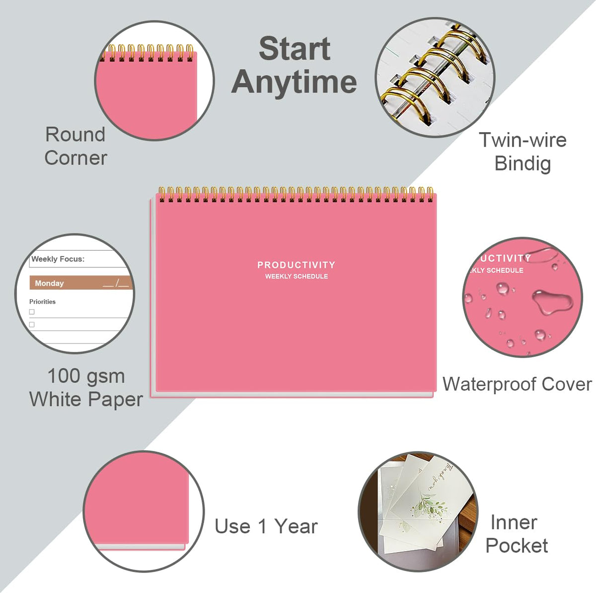 Weekly Productivity Planner - 8" x 11" Dashboard Desk Pad/Planner, Habit Tracker, Spiral Undated Weekly Planner for Office/School/Home, 54 Weeks, Pink
