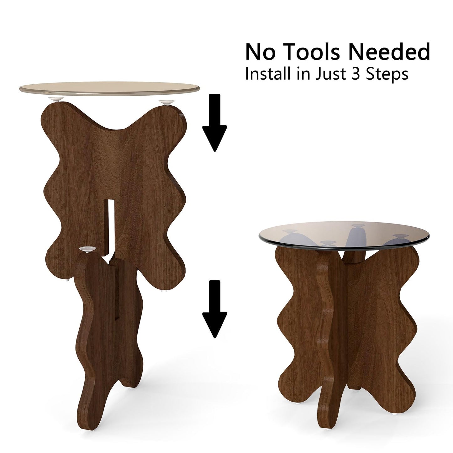 Permory MDF Frame Side Table with Brown Tempered Glass Top, Mortise and Tenon Joint Design, No Screw Easy Assembly, Sturdy End Table for Living Room, Bedroom (Seaweed-Brown)