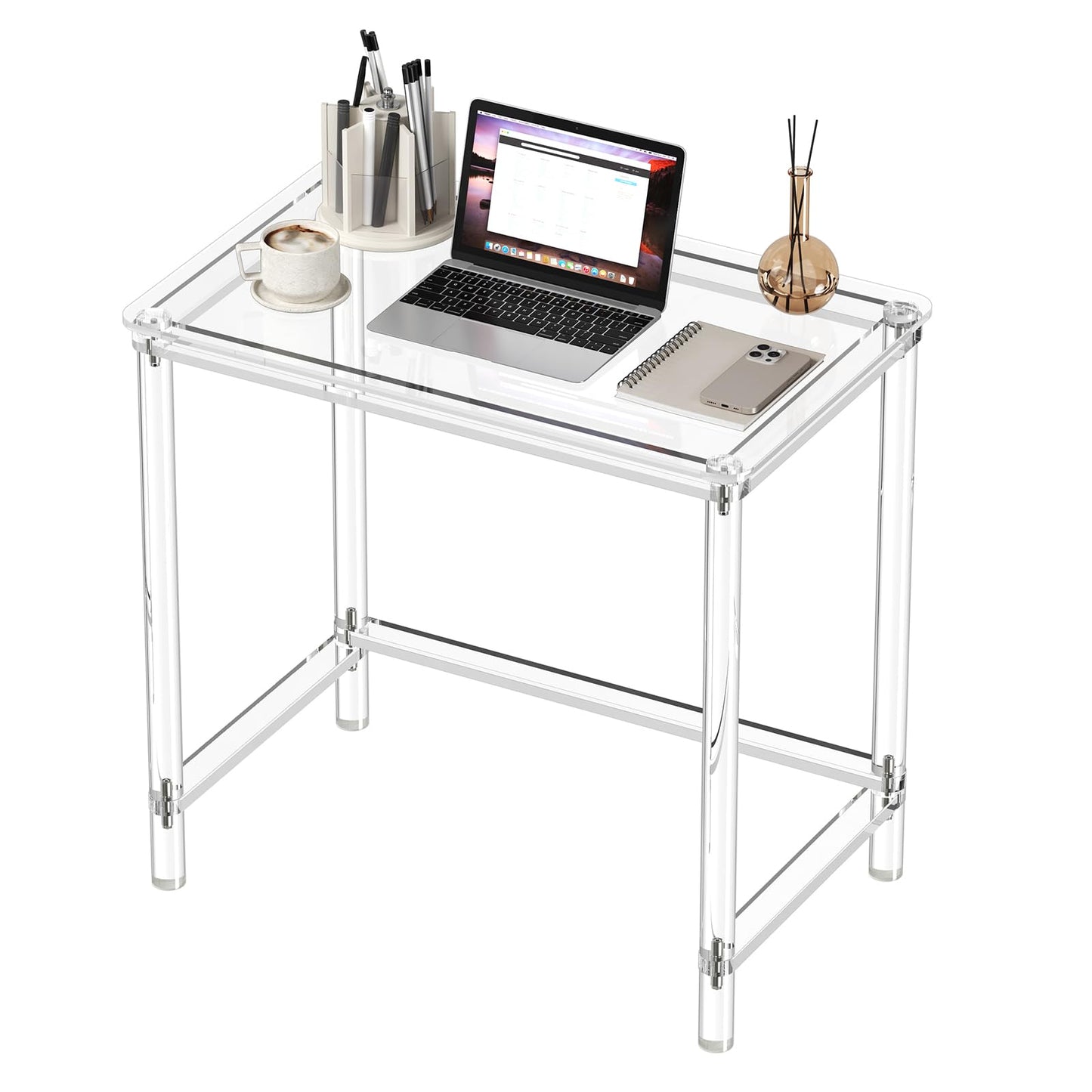 HMYHUM Acrylic Computer Desk, 32 Inch Clear Office Desk for Small Spaces, Study, Writing, Vanity Table with Cylindrical Legs, Modern, Easy Assembly