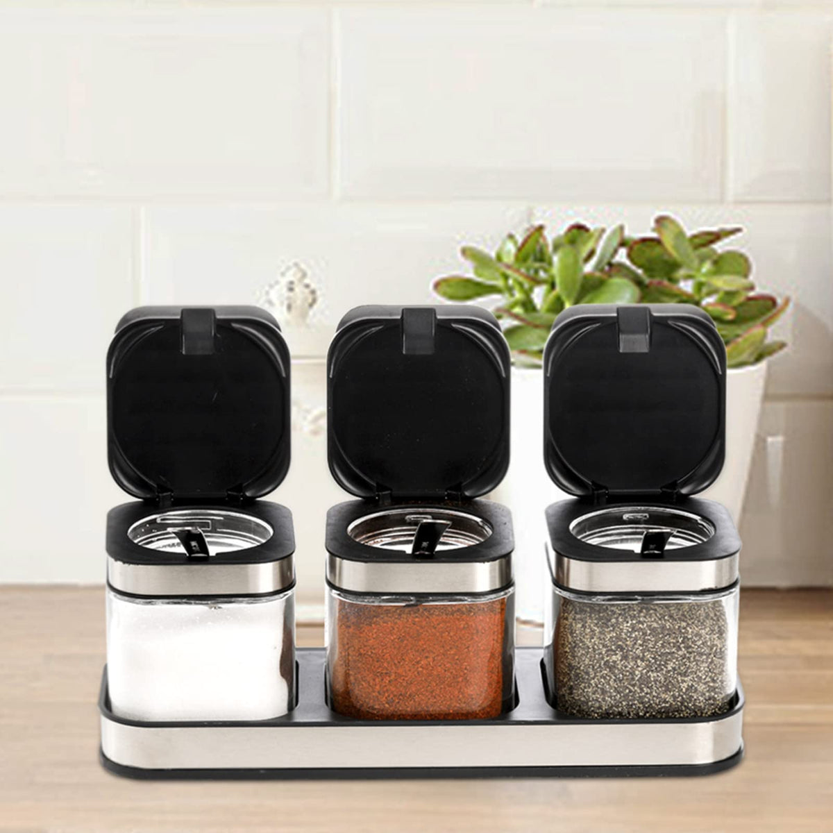 DEAYOU 3 Pack Glass Seasoning Box with Tray, Clear Condiment Canister with 18/10 Stainless Steel Lid and Spoon, Kitchen Spice Pot with Base, Salt Pepper Sugar Storage Container Jar Cruet for Desk