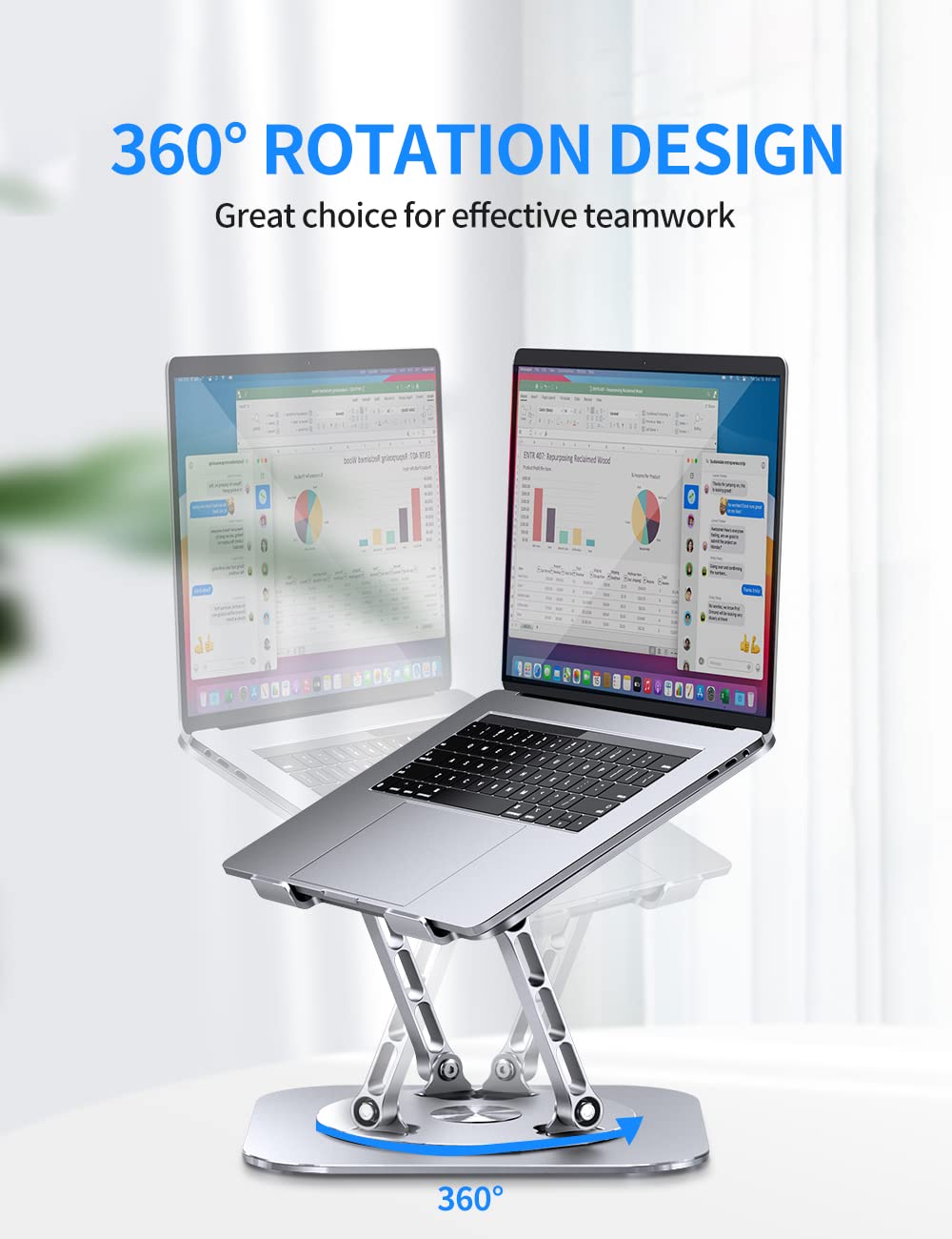 AOEVI Adjustable Computer Stand with 360 Rotating Base, Ergonimic Foldable Laptop Riser for Desk Compatible with MacBook Pro/Air Notebook up to 16 Inches, Silver