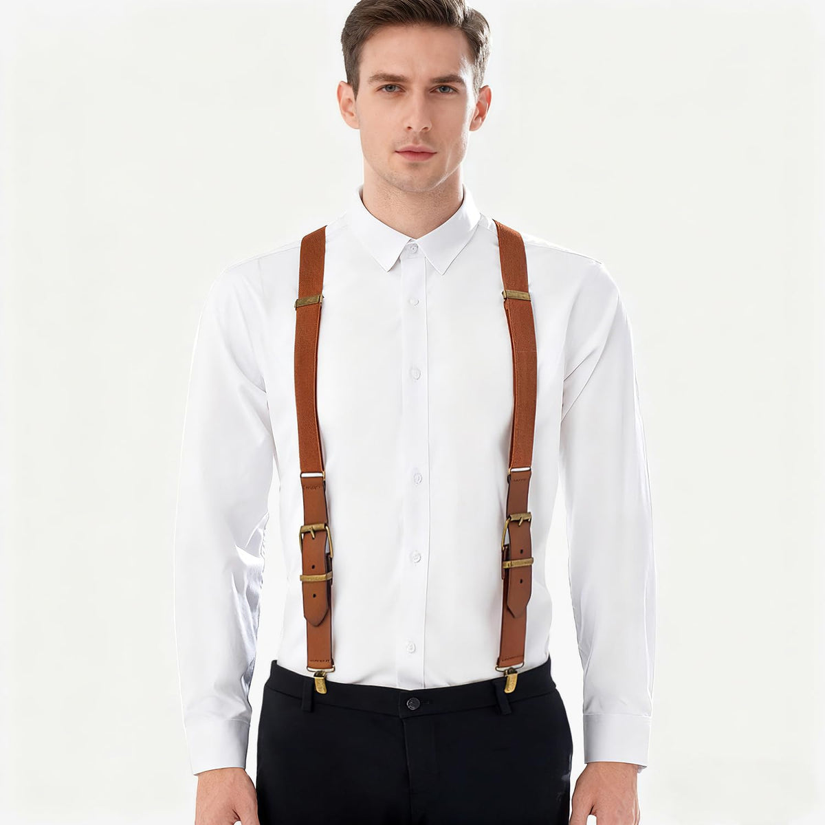 UPSONG Men's Y-Back 4 Metal Clip Elastic Suspenders Vintage Brown Braces Perfect For Both Casual&Formal
