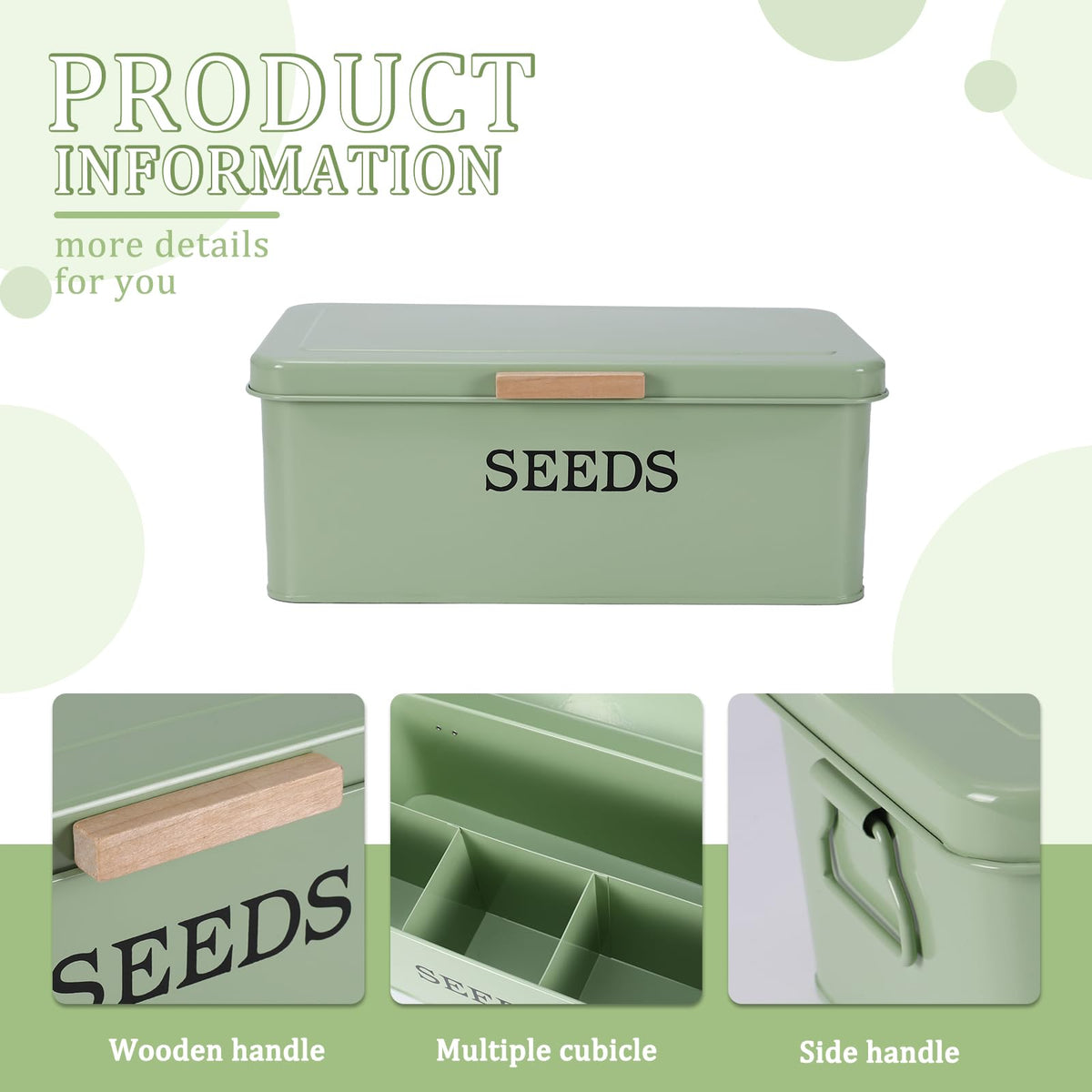 Mowhut Seed Storage Organizer,Metal Seed Saving Box with Lid,4 Compartments Box with Safety Locks,Garden Supplies Container with 20 Plant Labels 50 Saving Envelopes 2 Marker Pens,Green