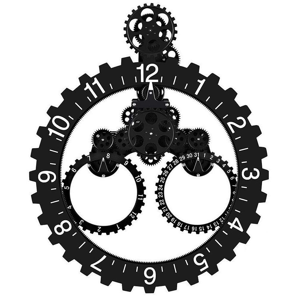 SHISEDECO Hour and Days Display Design Premium Plastic 3D Moving Large Gear Wheel Wall Clock, Perfect for Living Room, Reading-Room, Restaurant, Office Decor (B-Black)