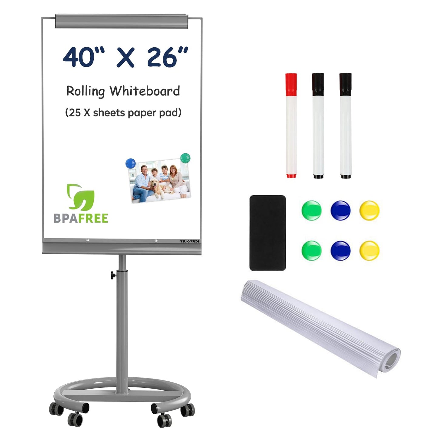 TSJ OFFICE Rolling Whiteboard Standing - 40 x 26 Inches Magnetic Mobile White Board with Stand, Height Adjustable Dry Erase Board on Wheels with Paper Clamp on Top, Gray