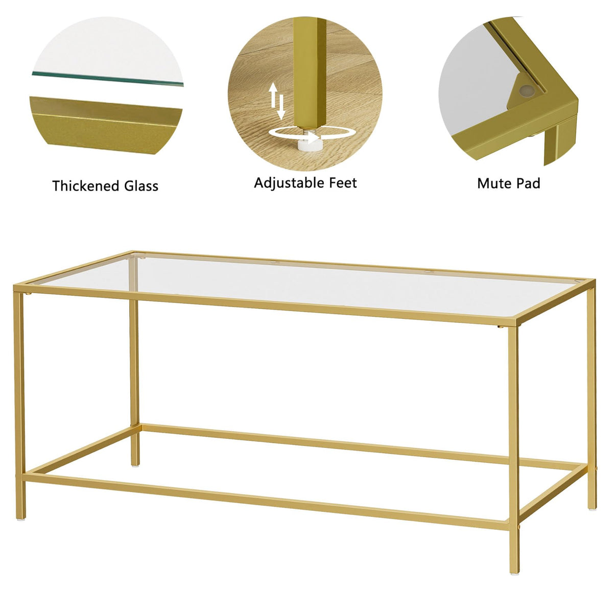 Homleke Glass Coffee Table, Modern Rectangular Coffee Table for Living Room, Minimalist Center Tea Table with Sturdy Metal Frame for Apartment, Office, Easy Assembly, 39.4 x 19.7 x 17.7 Inches, Golden