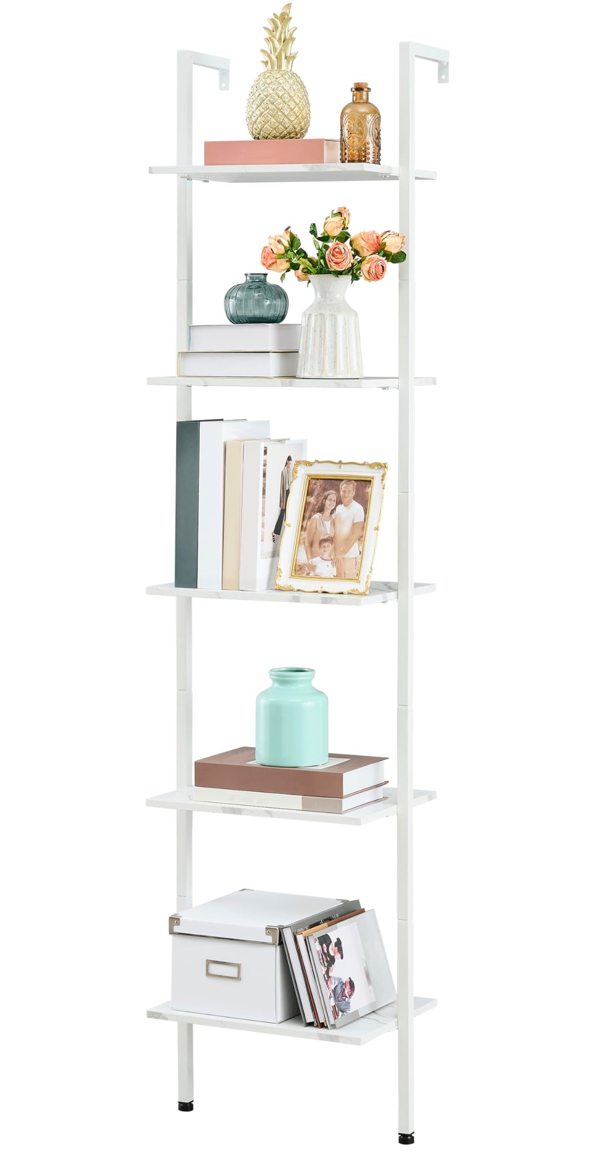 Tajsoon Ladder Shelf, White 5-Tier Wood Wall Mounted Bookcase with Metal Frame, Modern Open Display Rack, Storage Shelves for Bedroom, Home Office, Living Room