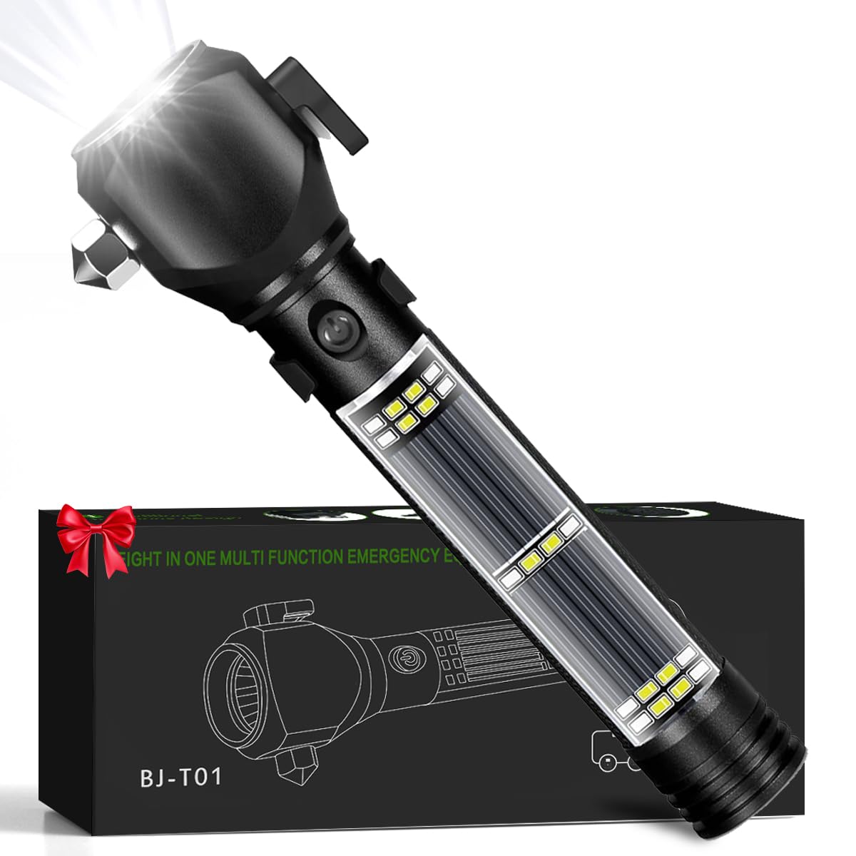 Serjur Rechargeable Solar Powered Flashlight,Multi Function LED Tactical Flashlight with Glass Breaker,Seatbelt Cutter,Alarm and Phone Charger,Powerful Handheld Flashlights for Emergencies Camping