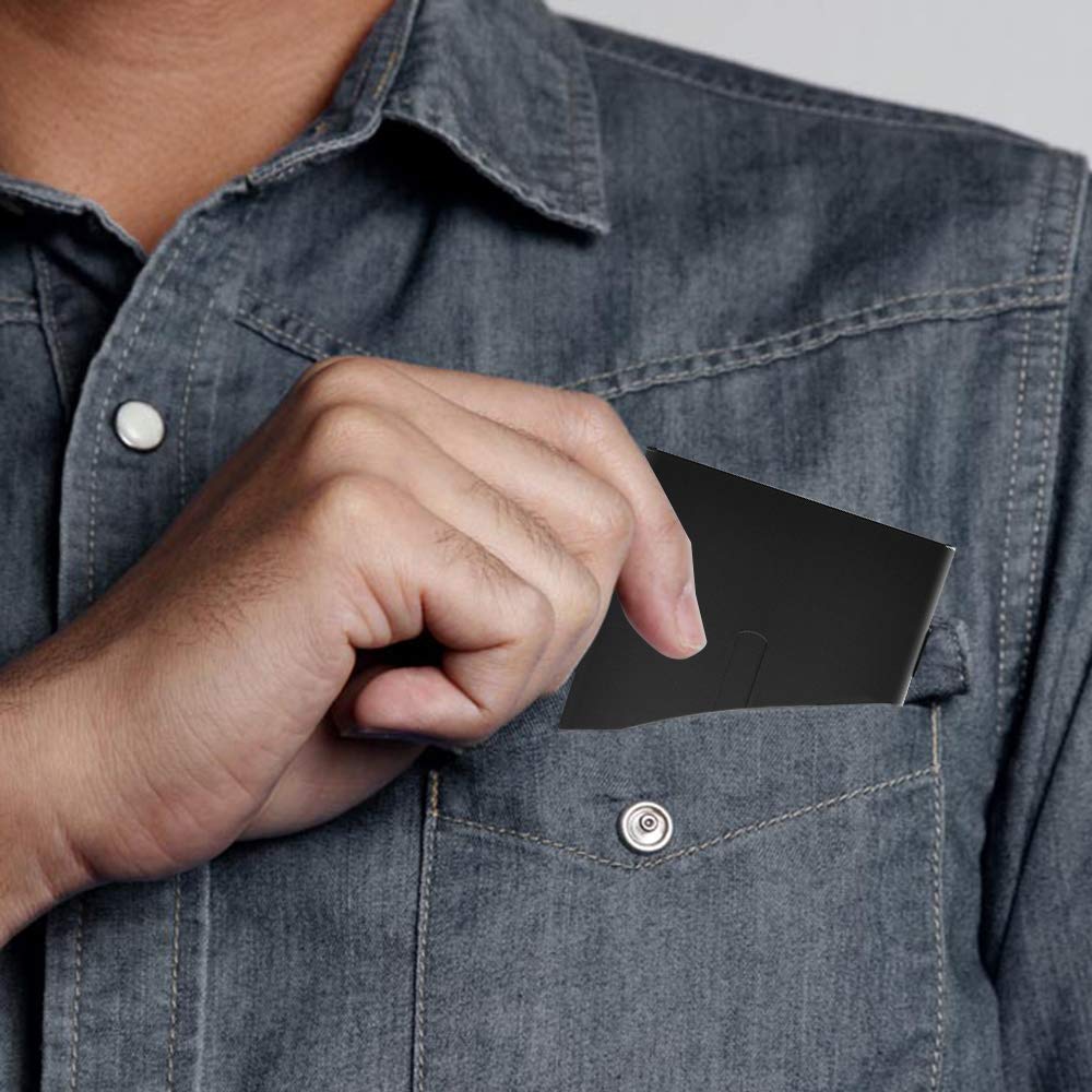 SENHAI 2 Pcs Business Card Holders, Professional Thumb-Drive Slide Out Business Card Case and Stainless Steel ID Name Wallet Credit Card Holder for Men and Women - Black