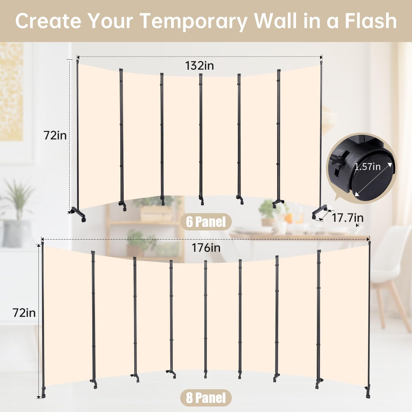 Room Divider 6 Panel Room Dividers/Wheels, Fabric Room Divider Panel for Office Room Partitions and Dividers, Portable Partition Wall Divider for Room Separation, Freestanding Privacy Screen Indoor