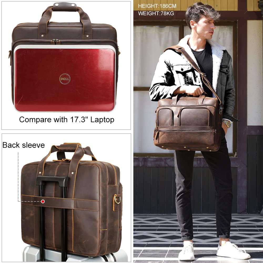 TIDING X-Large 18 Inch Full Grain Leather Briefcase for Men 17.3" Laptop Messenger Bag Business Travel Handbag Shoulder Bag