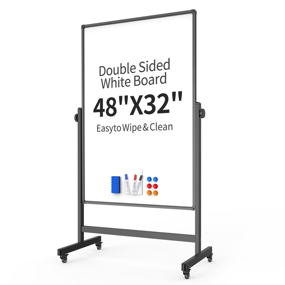 48x32inches Mobile Whiteboard - Adjustable Height, Standing Whiteboard on Wheels, Double-Sided Magnetic Dry Erase Board for Office, Home, Classroom