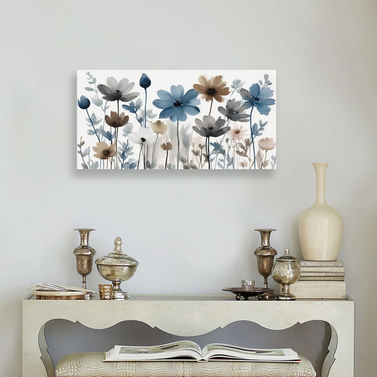 KZKU Flowers Canvas Wall Art - Floral Pictures for Wall Decor Indigo Brown Grey Canvas Prints Nature Printing Artwork for Living Room Bedroom Home Office Wall Decoration 20" x 40"