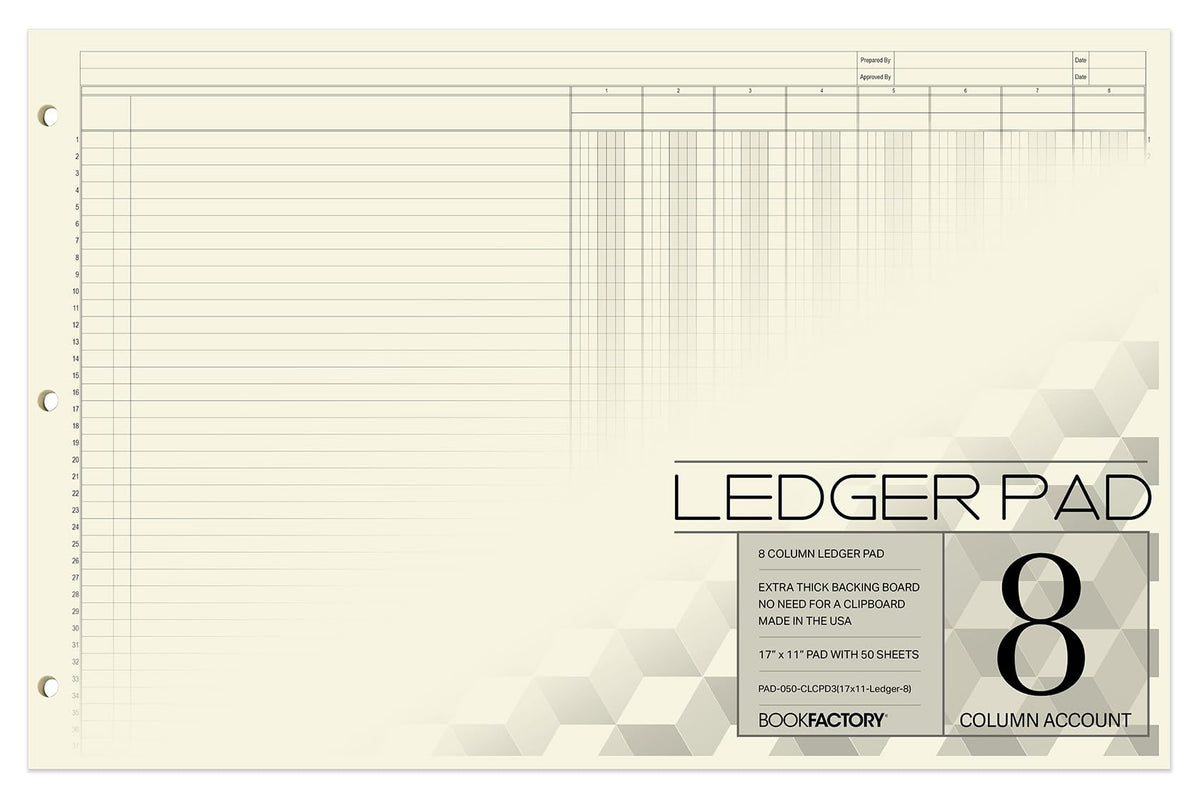 BookFactory Ledger Pad/Large 8 Column Accounting Ledger Columnar (Eight Columns) Pads - 17'' x 11'', 50 Pages, Notepad Landscape Format (Made in USA)