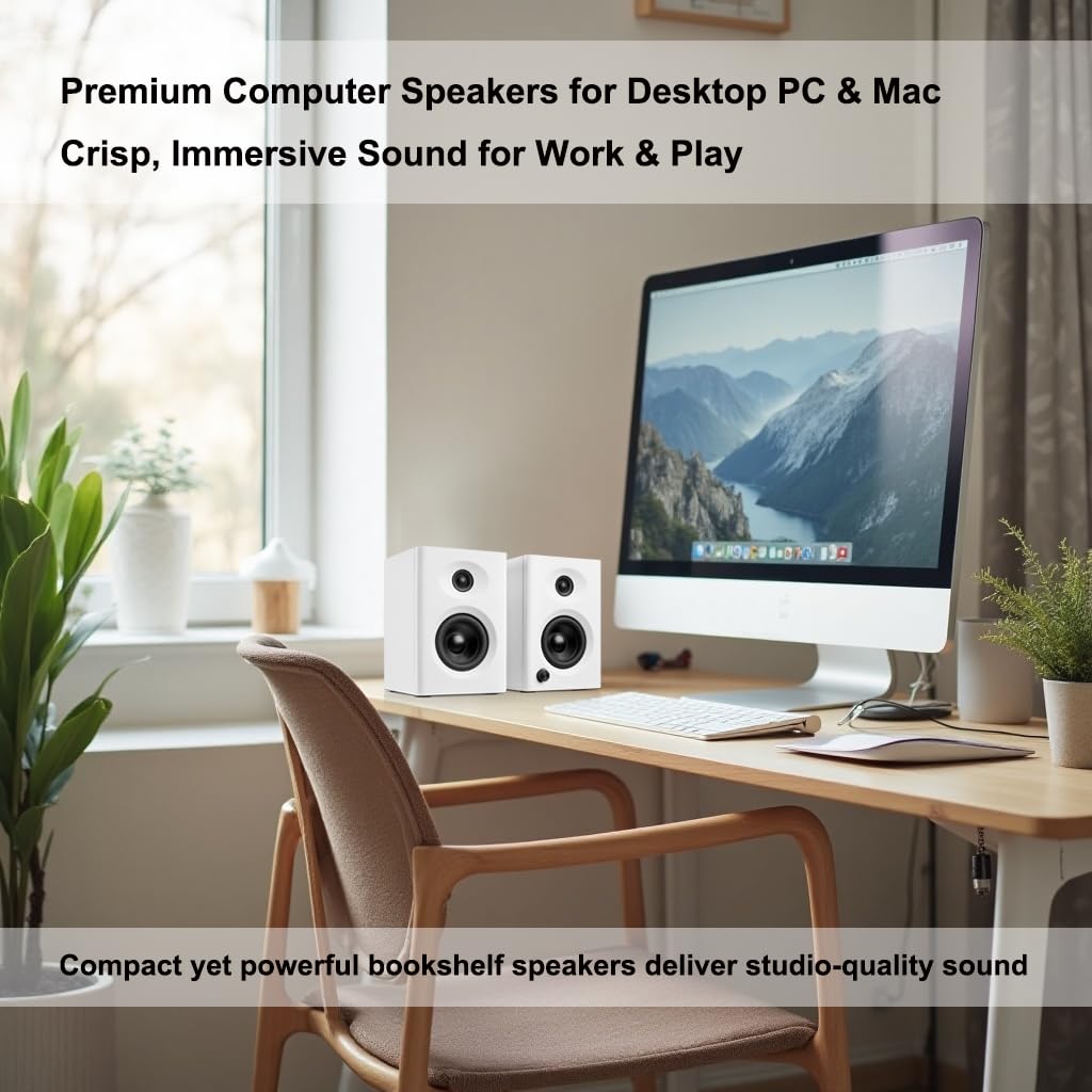 NSY Audio Computer Speakers for Desktop PC, 60W Bluetooth Surround Sound Speakers with Bass, Compact Powered Bookshelf Speakers for Office, Monitors, Laptop, Gaming, TV, Gifts (White, Pair)
