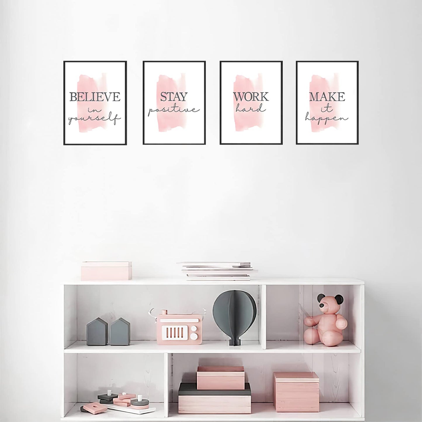 4 pcs Frame Wall Art Stay Positive Make It Happen Motivational Inspirational Quote Pink Canvas Painting Poster Pictures for Teenage Girl Bedroom Decor Office