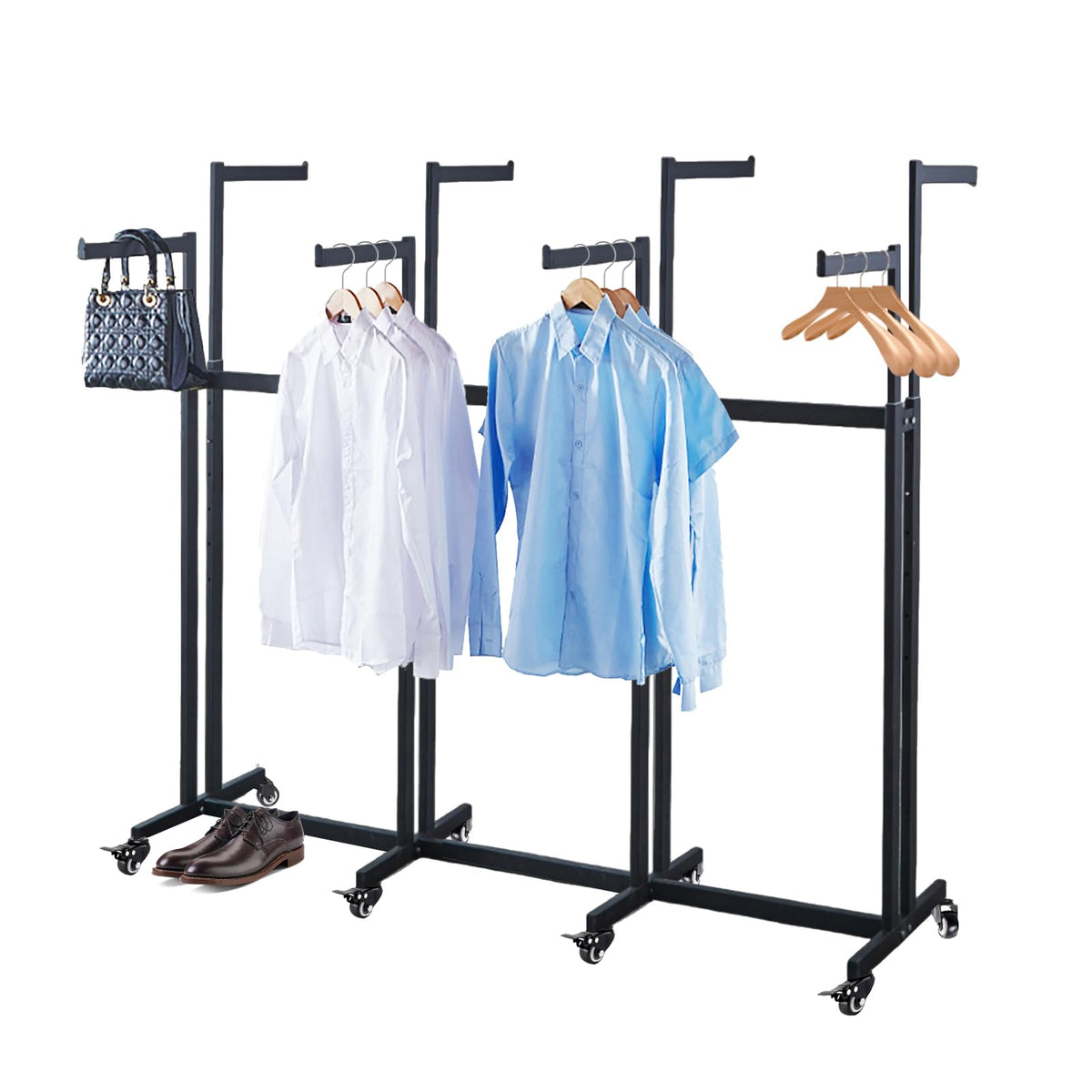 FKKPRVAX Floor Standing Metal Garment Rack - Heavy Retail Display Racks With Wheels, 8 Arms Clothing Rack, Square Tubing Portable Shirt Racks, Merchandise Display For Hanging Clothes (L-Black)