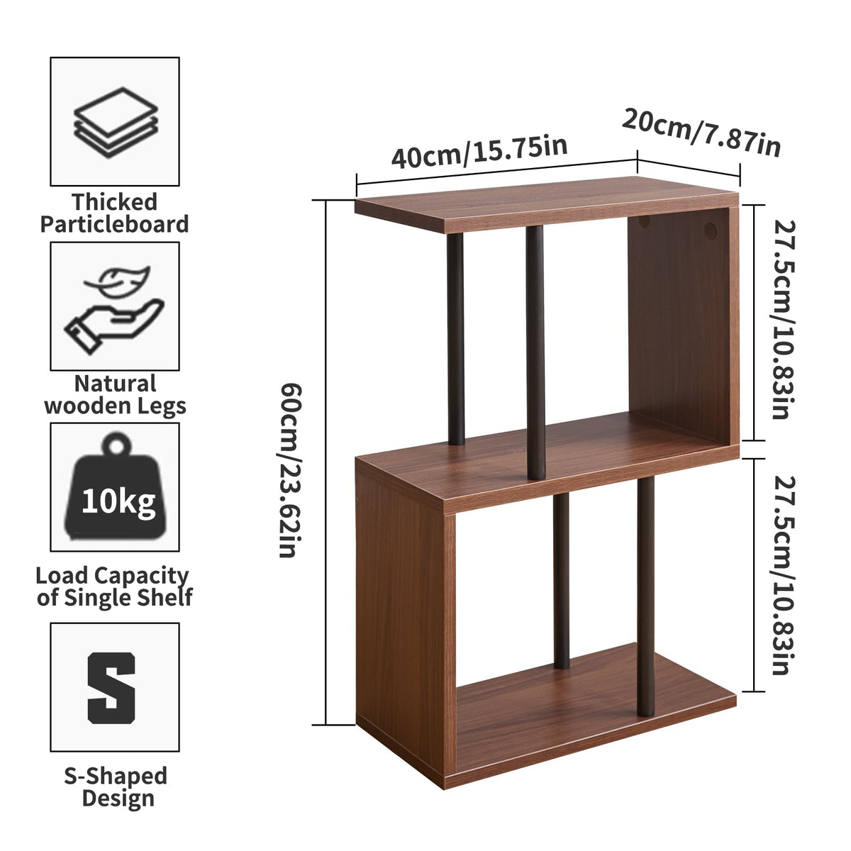 Aibiju S-Shaped Side Table, 3-Tier End Table with Open Storage Shelves, Non-Slip Feet, Modern Style Nightstand, Narrow Side Table for Small Space Living Room Bedroom Light Walnut YD-ST003LW