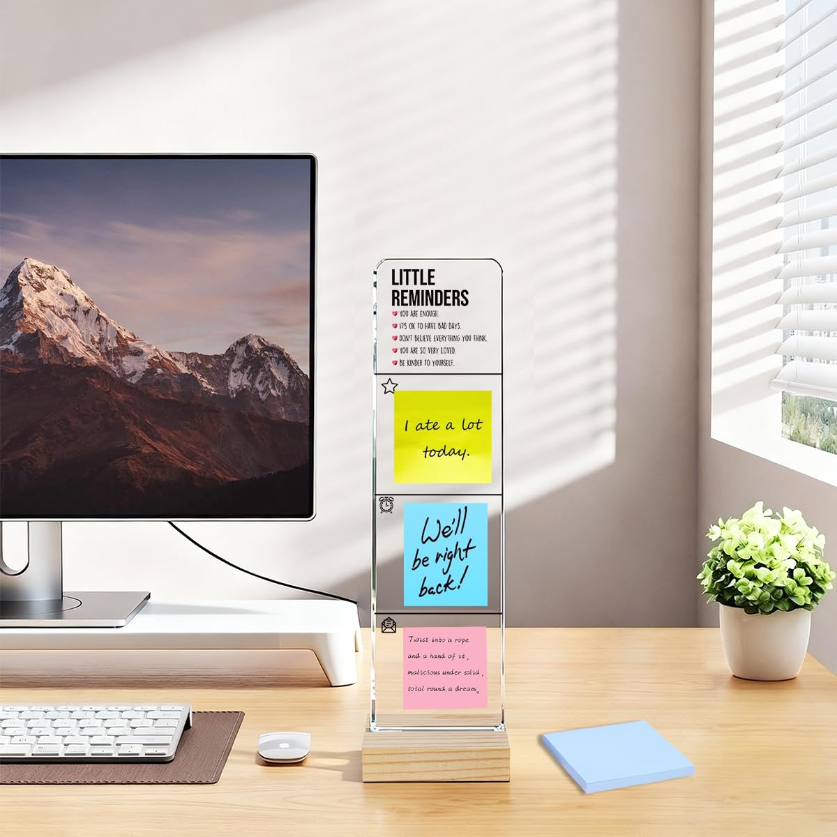 Monitor Memo Board with Removable Wooden Base Acrylic Portable Sticky Note Holder, Little Reminders Sign, Office Desk Set Sticky Notes 100 Sheets
