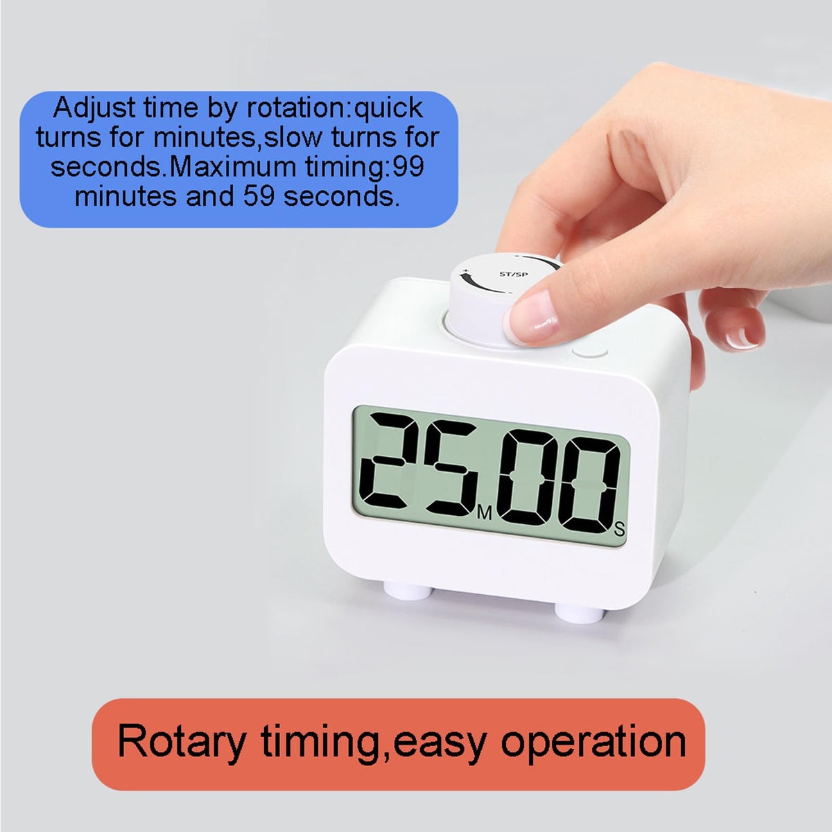 Digital Kitchen Timer for Cooking with Rotating Knob for Preset time, 99 Minute Timers for Kids/Classroom with Alam or Flashing Light During Silence, Count Up/Down Timer,White