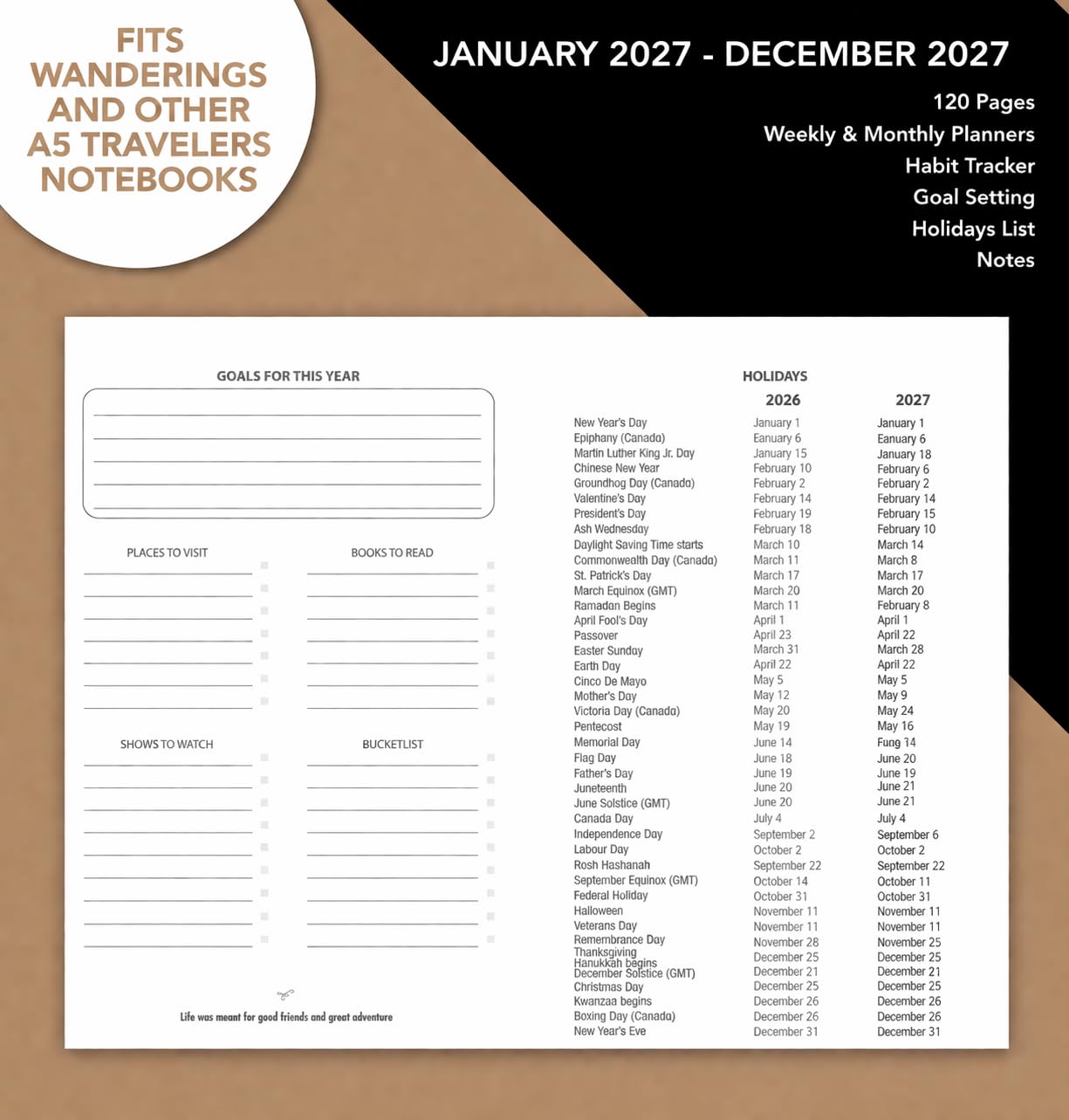 Wanderings A5 Traveler's Notebook Calendar Refill Inserts - 5.8''x 8.4'' (14.2cm x 21 cm) - January 2027 - December 2027 - A5 Calendar Planner Refills For Leather Travel Journals, Diaries and Planners