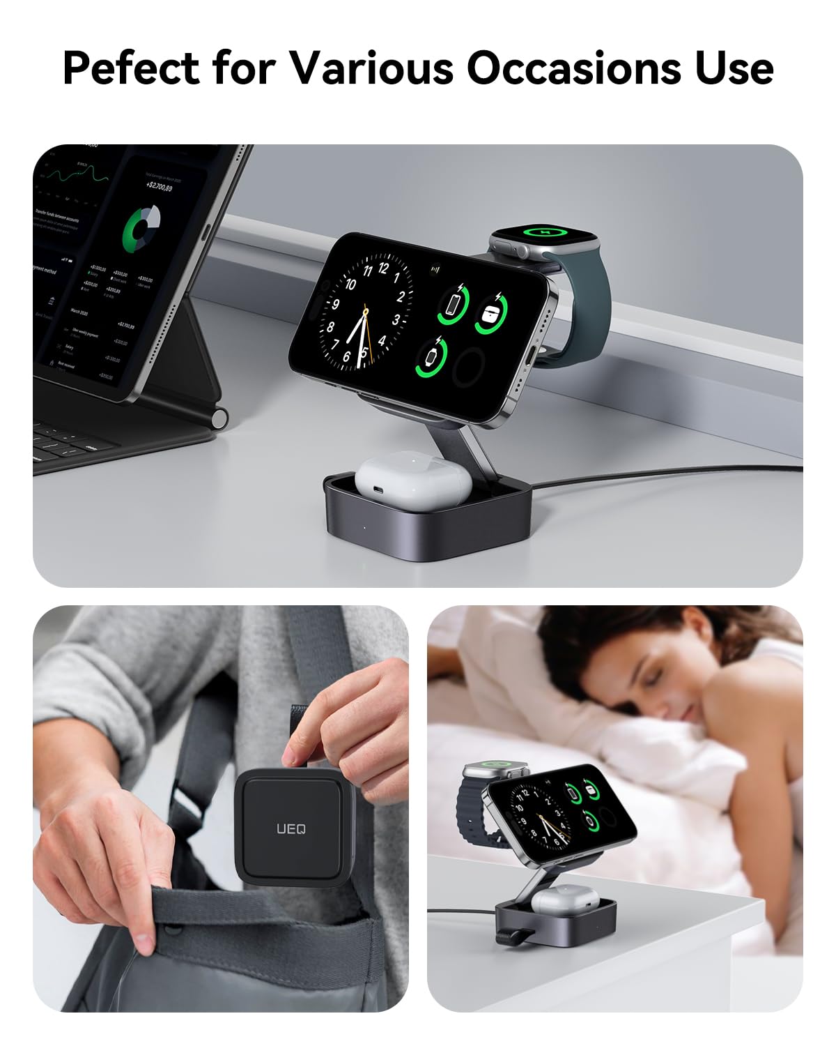 UEQ 3 in 1 Wireless Charging Station for Apple Devices,Compatible with MagSafe Charger Stand,Foldable Fast Travel Magnetic Wireless Charger for iPhone 17 Air 16 15 14 13 12,Apple Watch&AirPods Pro