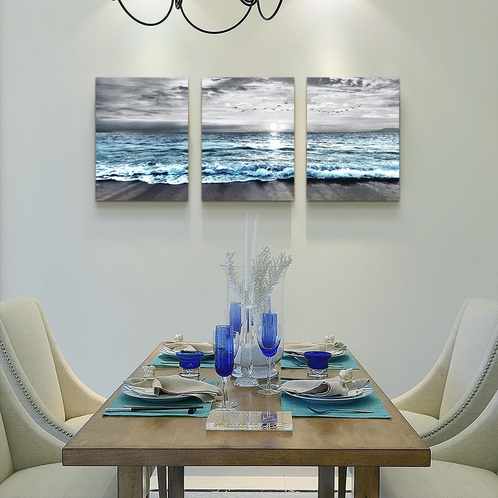 DZRWUBHS Wall Decorations For 3 Piece Framed Canvas Art Bedroom Office Decor Black &White Painting Blue Ocean Sea Wave Pictures Artwork Modern Beach Posters Home Decor,Blue Ocean Landscape Paintings