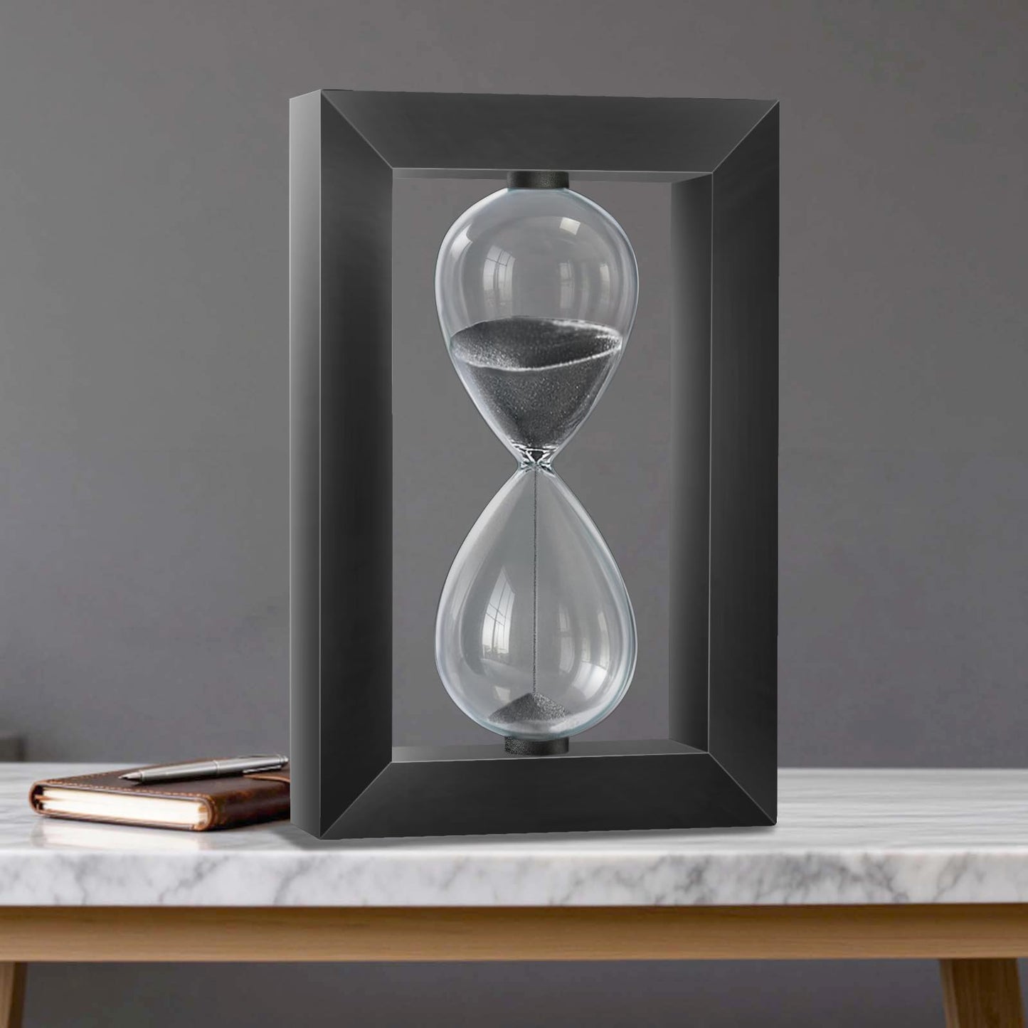 Hourglass Sand Timer, Modern Square Black Wood Sand Clock, Decorative Desktop Hour Glass Sandglass,Reloj De Arena for Office, Home Decor, Kitchen (Black, 10 Minute)