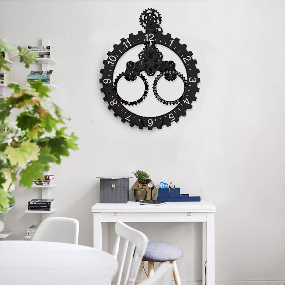 SHISEDECO Hour and Days Display Design Premium Plastic 3D Moving Large Gear Wheel Wall Clock, Perfect for Living Room, Reading-Room, Restaurant, Office Decor (B-Black)