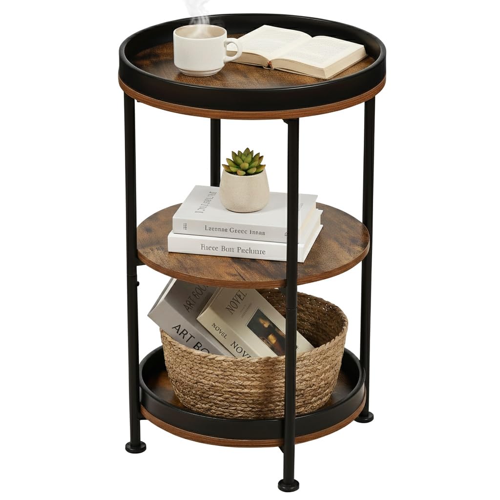 Dulcii Side Table, Round End Table with 3 Storage Shelves for Living Room, Bedroom, Nightstand with Steel Frame for Small Spaces, Industrial Round Sofa Table, Outdoor Accent Coffee Table, Rustic Brown