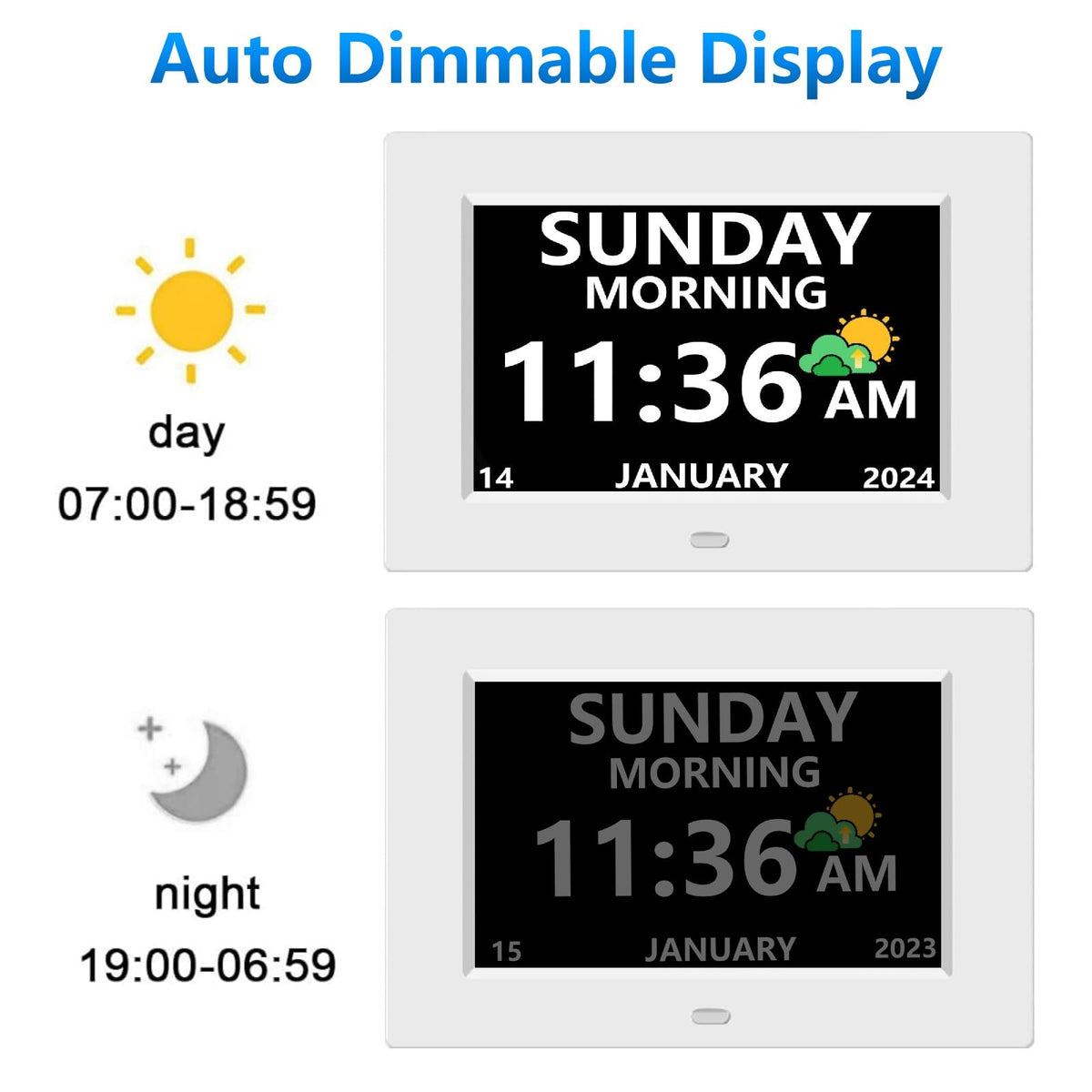 LXBYJKJ 7 Inch Digital Clock with Day and Date for Elderly Alzheimer's Clock Customizable Alarms 3 Display Modes Large Font Alarm Clock for Seniors Auto DST White