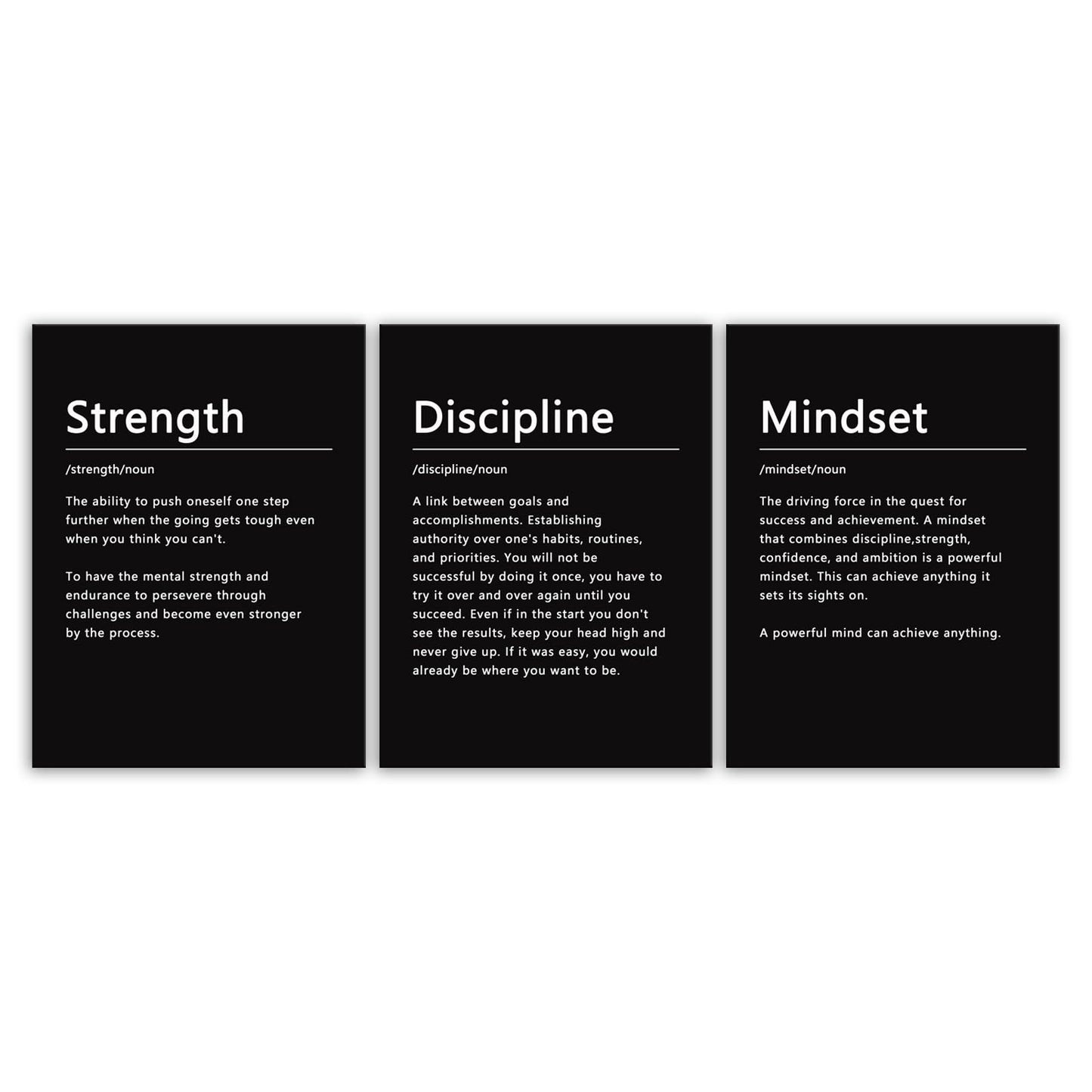 Strength Discipline Mindset Noun Inspirational Painting Wall Art 3 Pieces Canvas Print Office Wall Decor Poster Inspiring Framed Motivational Quotes for Wall Art Decoration Ready to Hang[36''Wx 16''H]