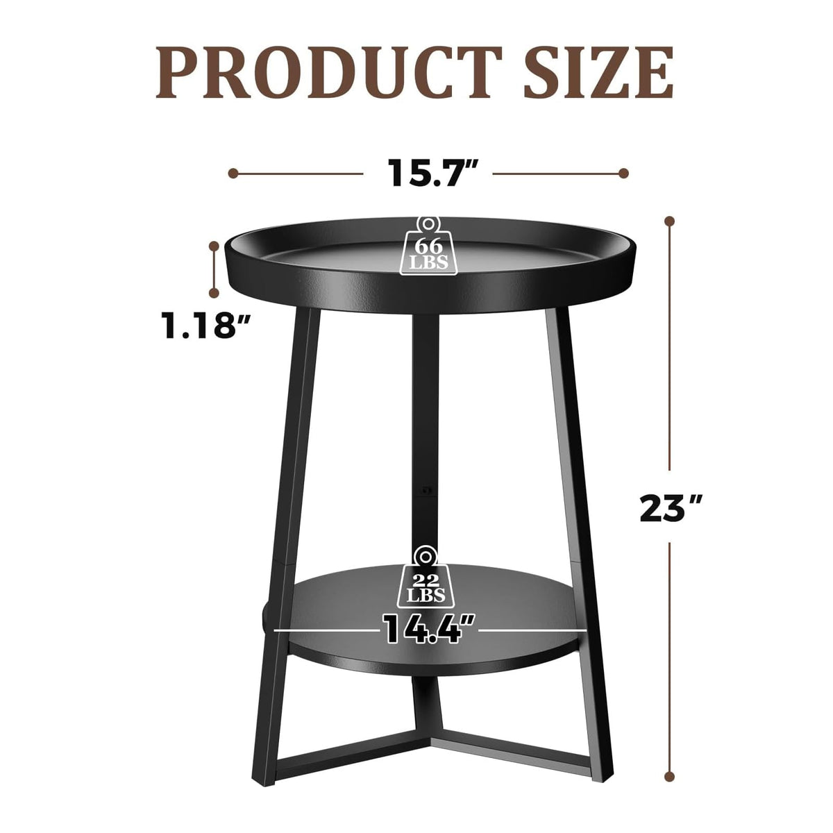 Gadroad Round End Table with Storage Shelf, 2 Tier Farmhouse Side Table Nightstand for Living Room, Bedroom, Wood Tabletop & Black Metal Frame, Black 15.7 * 15.7 * 23.0inches
