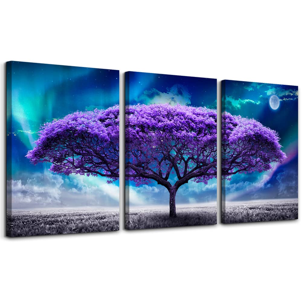 Lapremoly Canvas Wall Art For Living Room Boho Decor Bedroom Farmhouse Pictures Aurora Purple Tree Scenery Paintings Office Prints Dormitory Home Decorations 12'' X 16'' 3 Piece