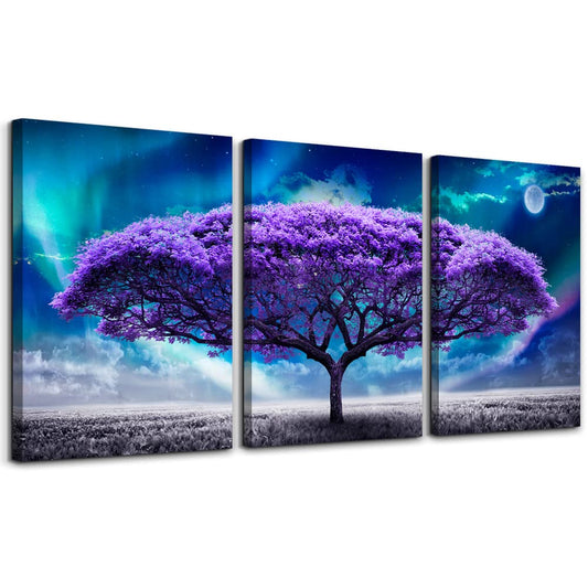 Lapremoly Canvas Wall Art For Living Room Boho Decor Bedroom Farmhouse Pictures Aurora Purple Tree Scenery Paintings Office Prints Dormitory Home Decorations 12'' X 16'' 3 Piece
