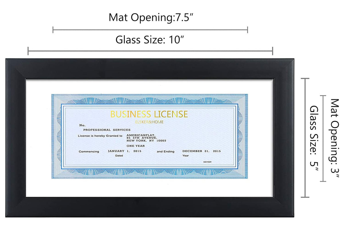 ELSKER&HOME 5x10 Business License Frame Black for 3.5x8 Standard Business License with mat - 5x10 frame without mat for Panoramic Picture, Wall or Tabletop Display (1 Pack)