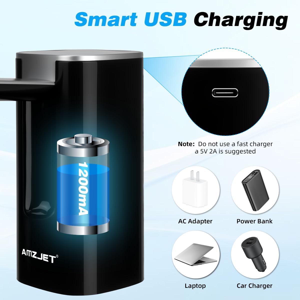 Water Dispenser for 5 Gallon Bottle with Digital Display, 4 Dispense Modes, Portable USB Charging Electric Water Pump, Foldable Spout, Food-Grade Water Jug Pump for Home, Office, RV, Campin(Black)