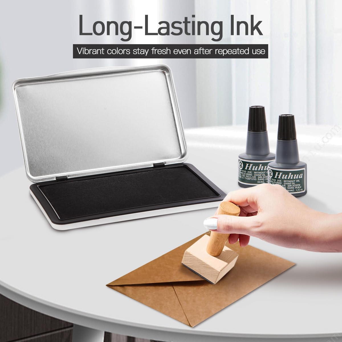 Melispapa Large Black Stamp Ink Pad Set - 1 Black Stamp Pad & 2 Black Ink-Refills (2 oz), 6.2" x 3.9" Large Ink Pad for Rubber Stamps, Non-Toxic, Washable, Waterproof & Permanent