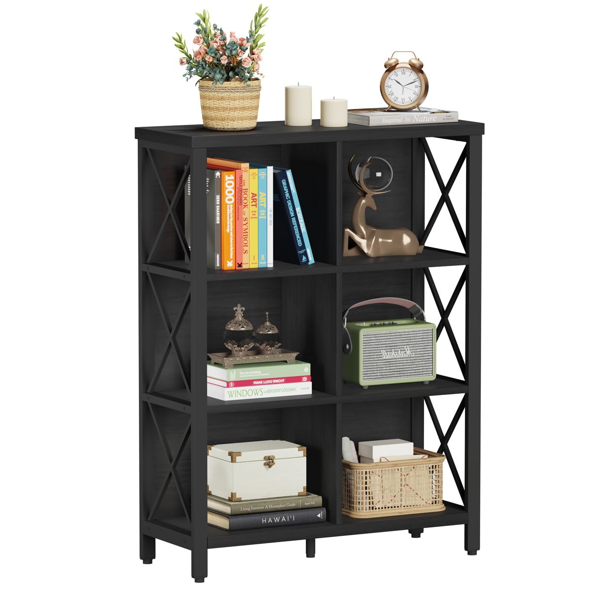 FATORRI 6 Cube Storage Organizer with Storage, Modern 4-Tier Bookshelf with X-Shaped Metal Frame, Black Wood Bookcase for Living Room, Home Office, Bedroom, Easy Assembly